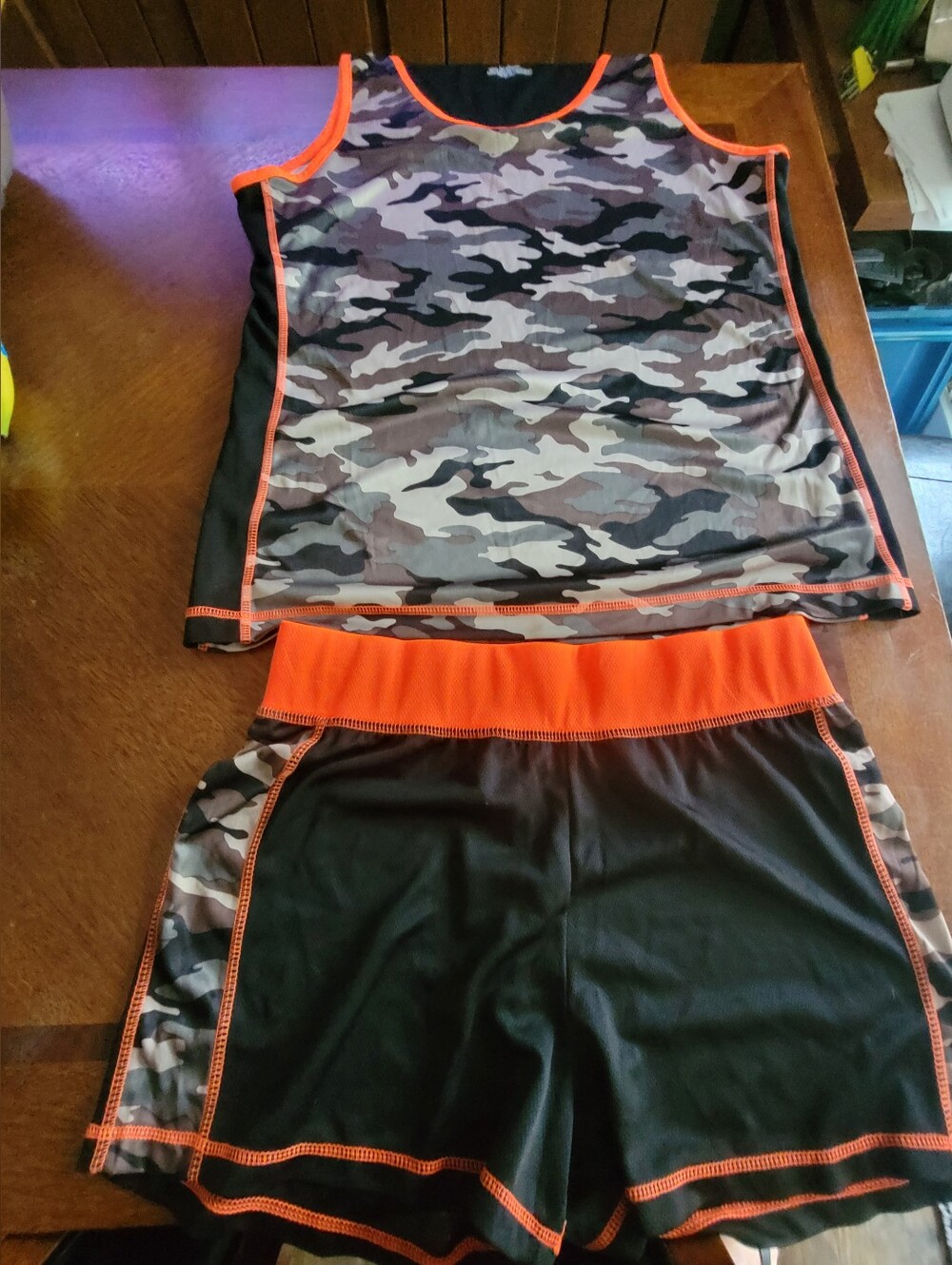 Y2k Women's Black & Orange Camo Athletic Tank and Shorts Set Size Large